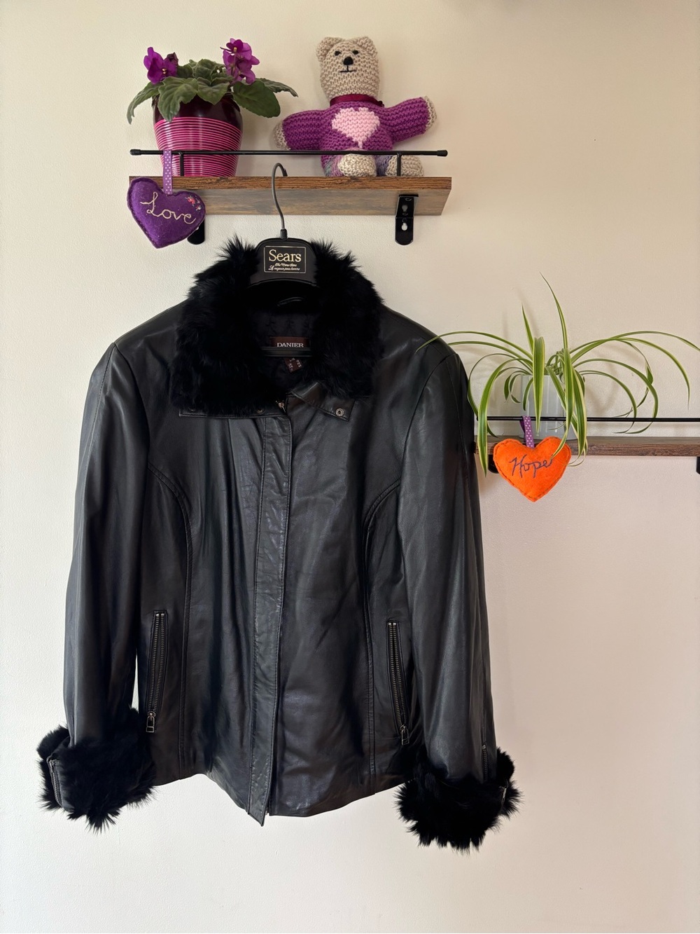 Danier Black Leather Jacket with Genuine Rabbit Fur Collar & Cuffs (L)